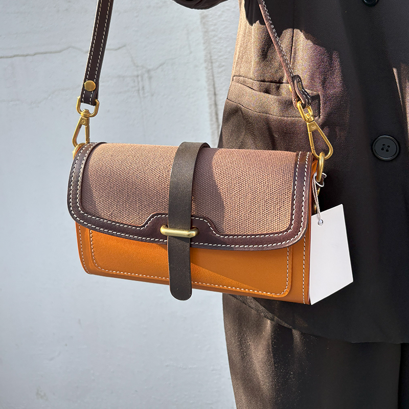 走秀款复古休闲撞色单肩包植鞣牛皮小方包斜挎包方包小众时尚百搭