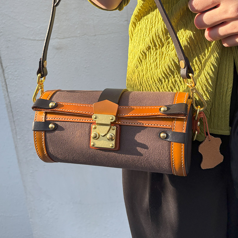 手工皮包潮流复古流行包植鞣牛皮女士手工手拿圆筒横板包简约时尚