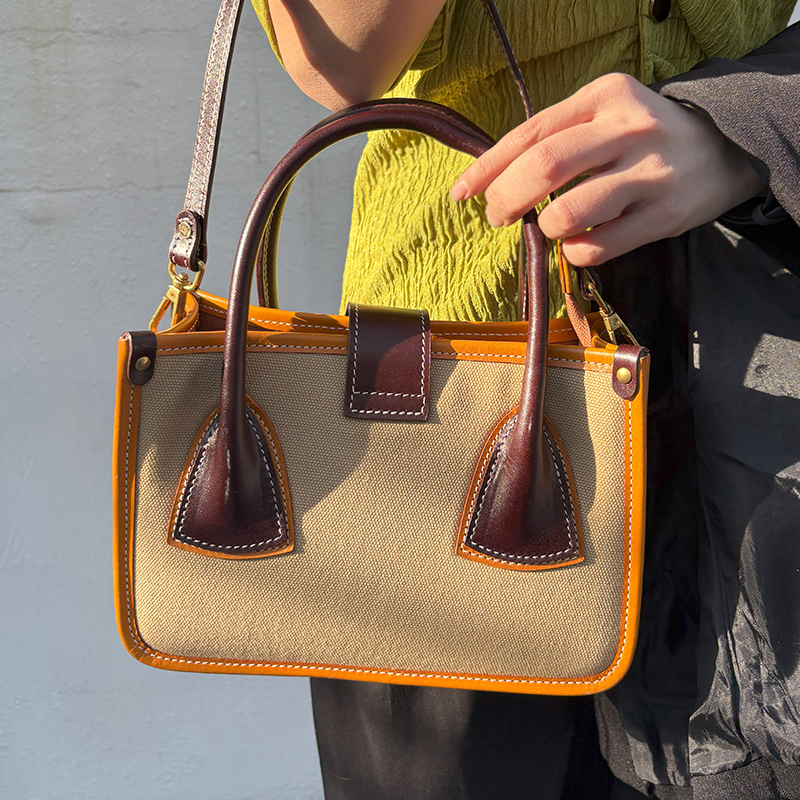 子母手工皮包女包复古撞色手提托特包植鞣牛皮女士单肩包方包简约