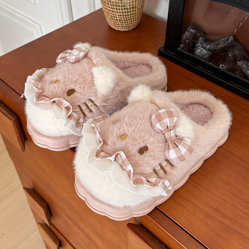 棉拖鞋女ins秋冬季2024新款室内家居厚底可爱卡通蝴蝶结毛毛拖鞋