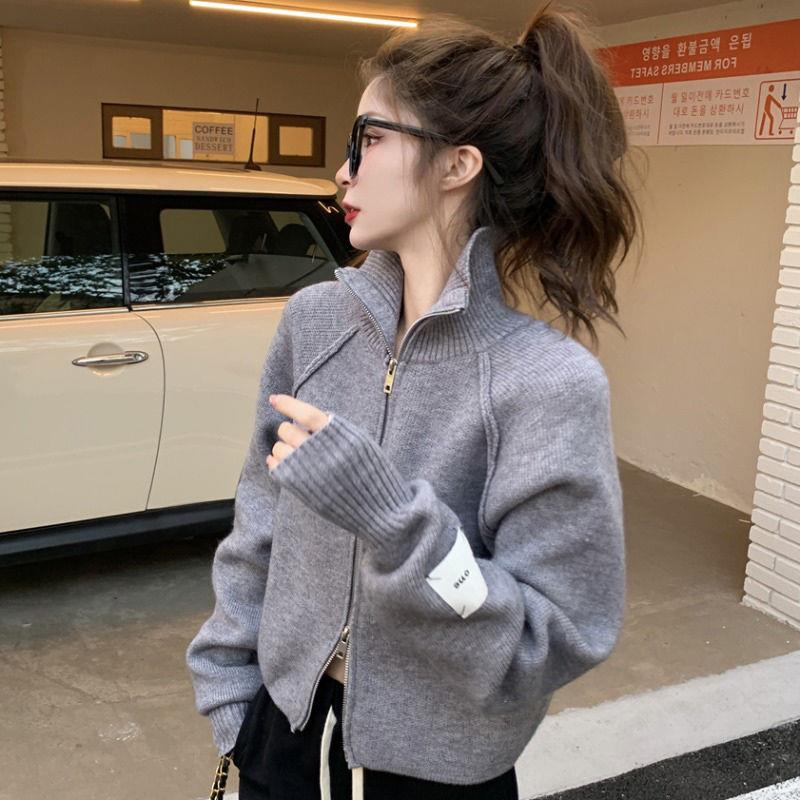 2023年新款女装双拉链设计感毛衣外穿春秋季针织开衫外套短款上衣