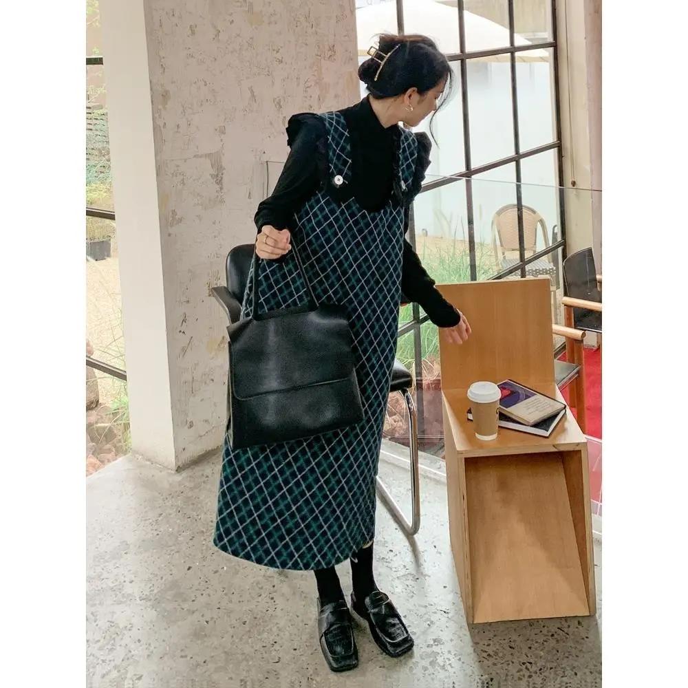 2023新款格子吊带背带裙女宽松时尚复古春秋季套装连衣裙女