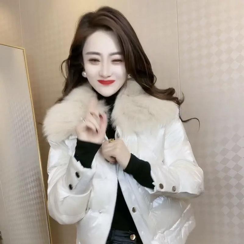 时尚亮面棉服百搭外套2023冬季新款百搭纯色仿狐狸毛领棉袄潮