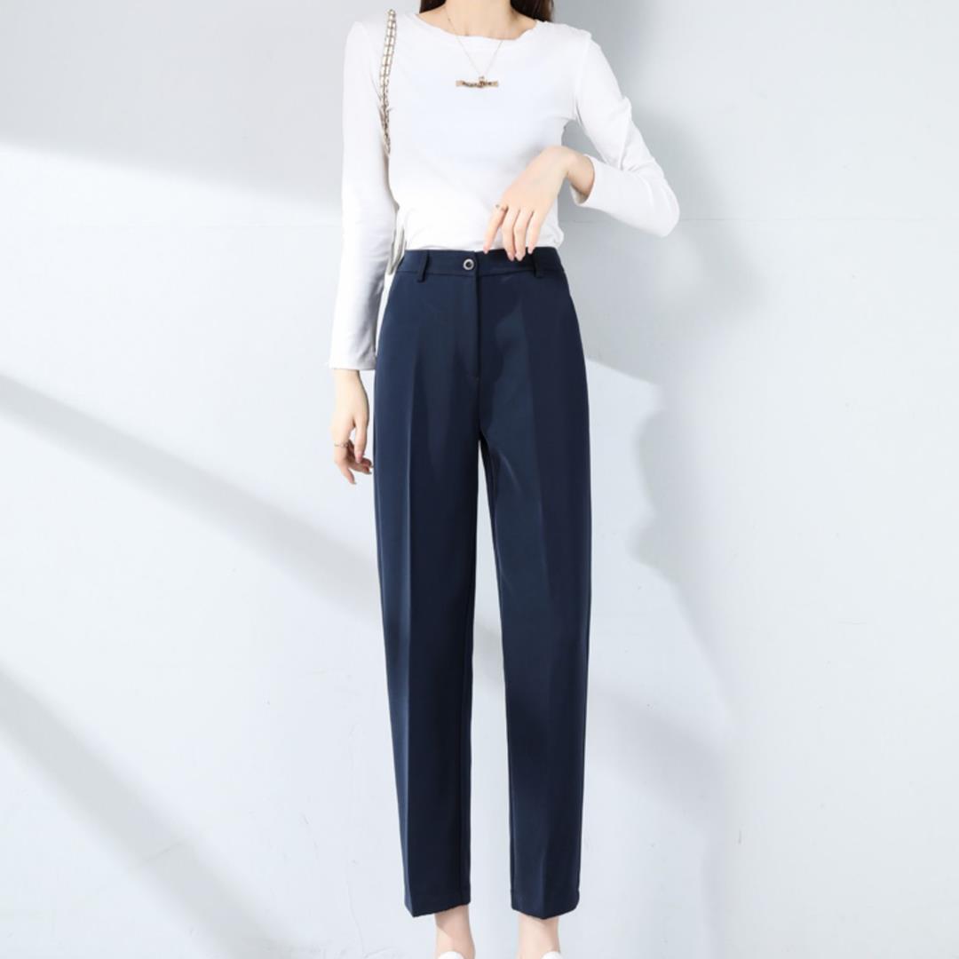 藏青色加绒西装裤女秋冬直筒休闲职业工作裤小个子烟管西裤春秋