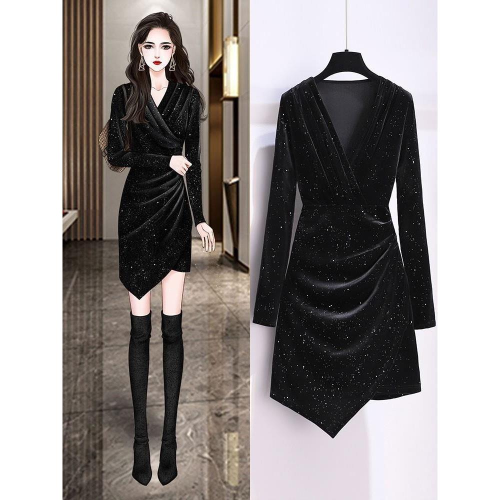 轻奢高级感春秋穿搭连衣裙女冬季2023丝绒小个子礼服裙气质小黑裙