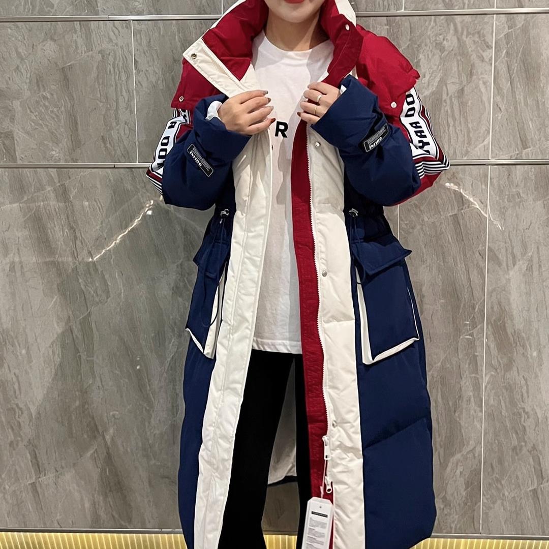 2023韩版潮羽绒服女中长款脱卸帽过膝加厚拼接撞色收腰白鸭绒外套