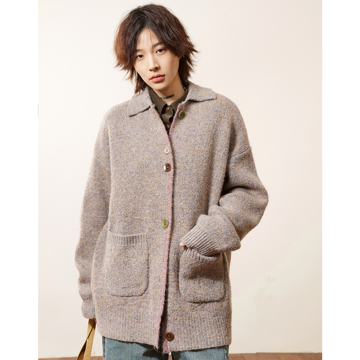 章鱼家【复古休闲】多扣宽松翻领长毛衣外套简约针织开衫octopus