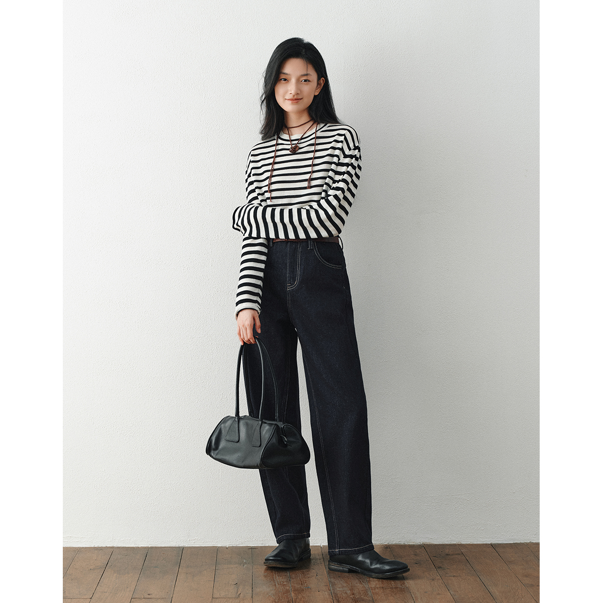 章鱼家【圆领条纹拼接】新款打底衫复古宽松针织衫上衣octopusme