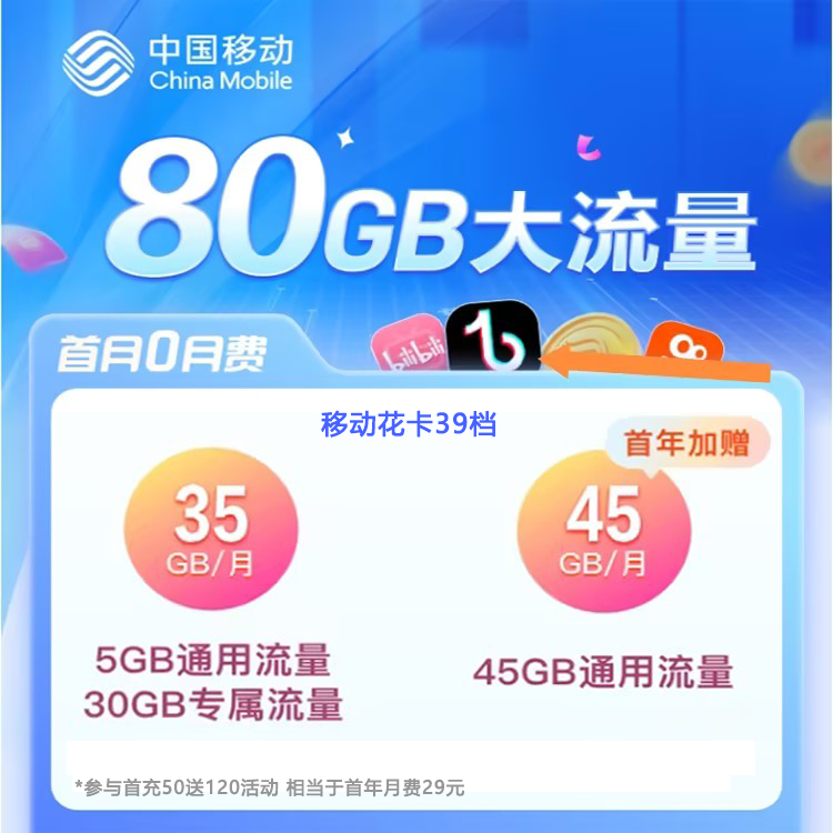 中国移动流量卡手机卡电话卡80G全国流量首月免月租-彩天卡