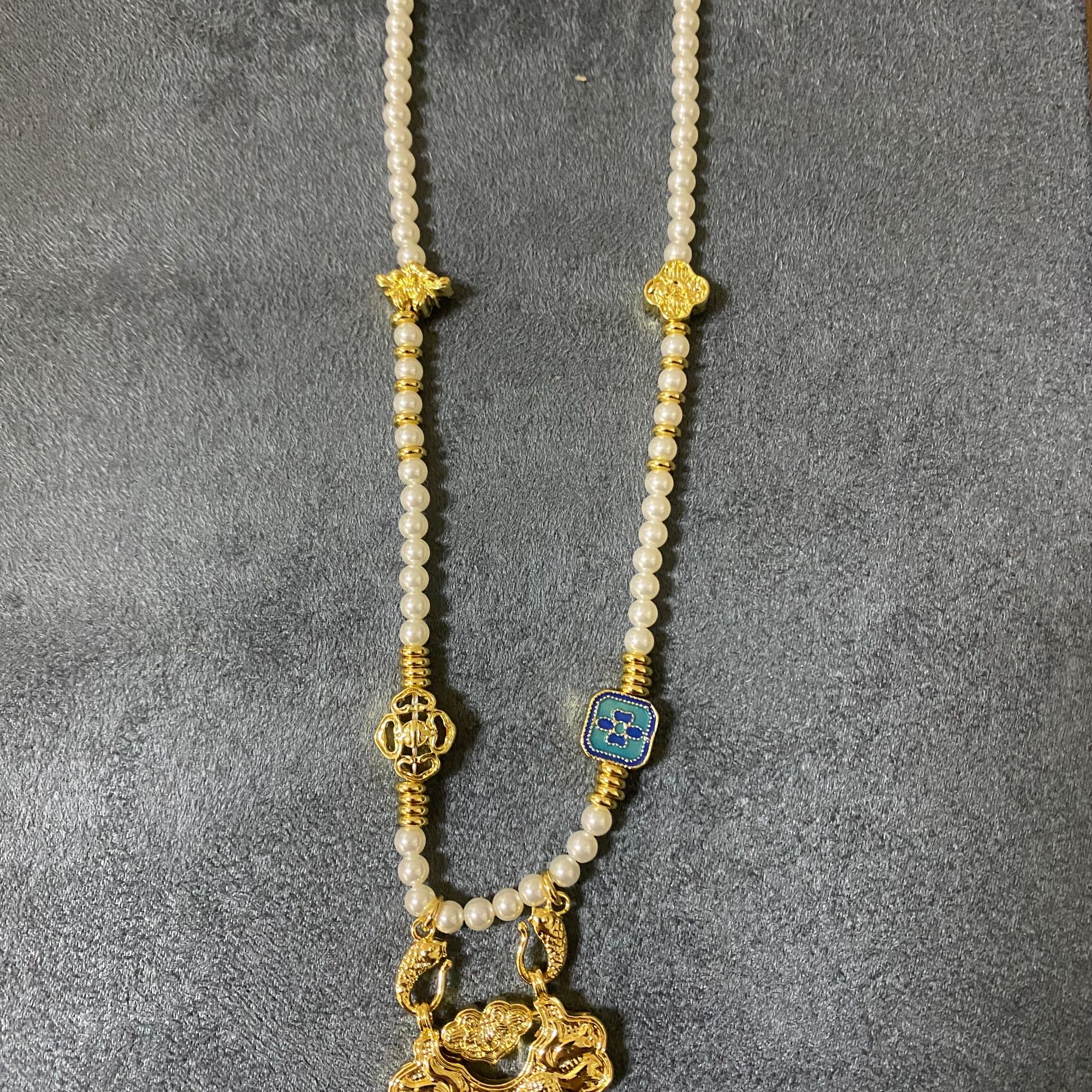 铜合金仿珍珠吊坠 珍珠中式长款锁项链镶嵌中古黄色复古时尚手工