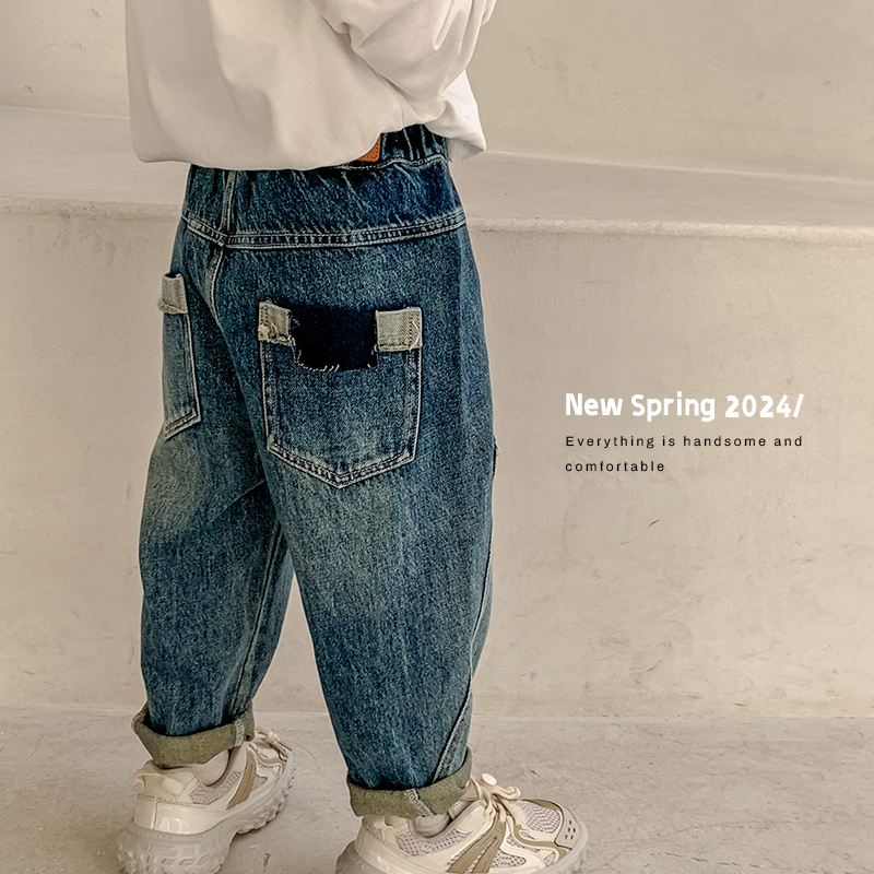 甜妈家童装 春季新款儿童洋气老爹牛仔裤男女童韩版长裤