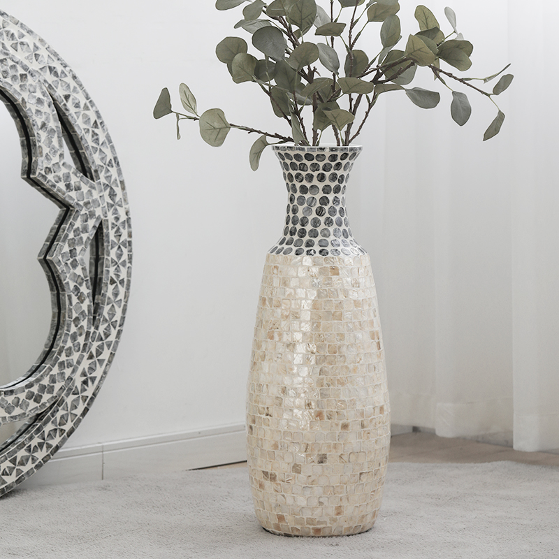 进口贝母大花瓶落地装饰插花器客厅高级感轻奢风贝壳台面摆件民宿