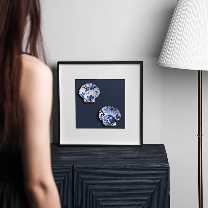新中式轻奢海螺贝壳装饰画手贴青花瓷纹板画挂画客餐厅工艺扇贝画