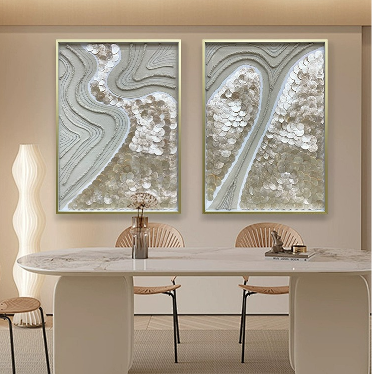 清仓不退换法式轻奢贝壳装饰画三联画创意手绘油画艺术卡其晨曦