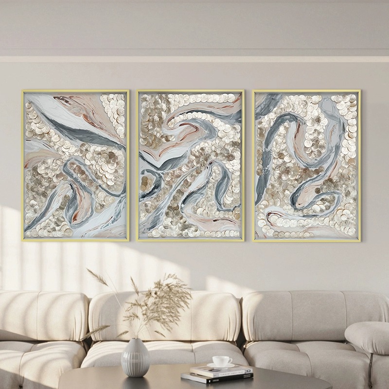 五折清仓！贝壳装饰画创意术手绘油画客厅茶室壁三联挂画行云锦梦