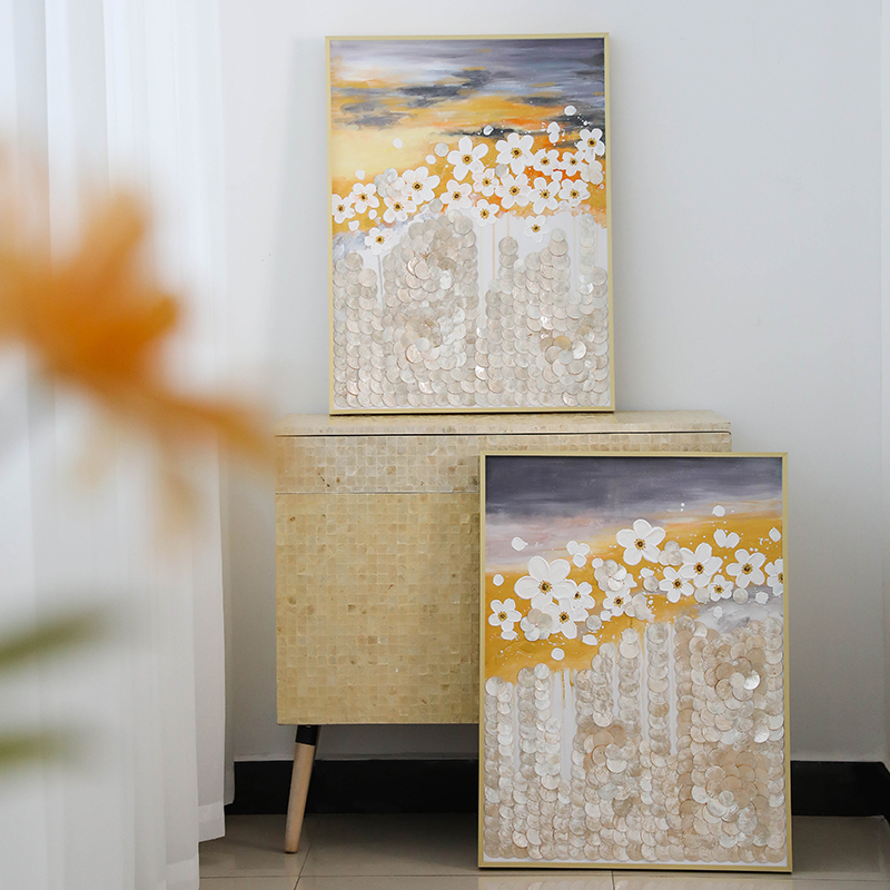 轻奢金色贝壳装饰画原创手工抽象艺术油画客餐厅金运连绵三联挂画