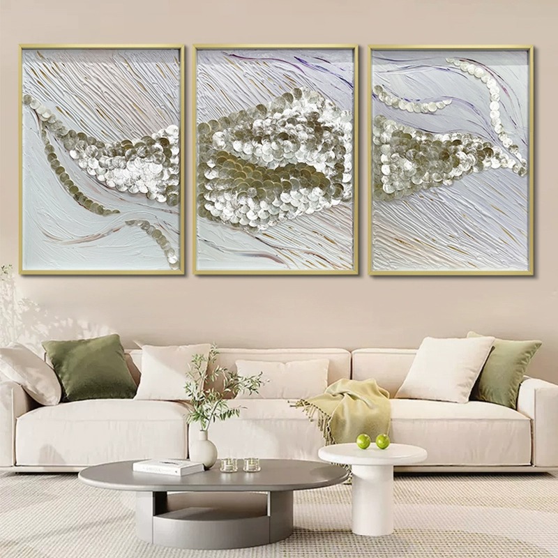 轻奢金色贝壳装饰画创意手绘抽象艺术油画仲夏之梦背景墙三联画