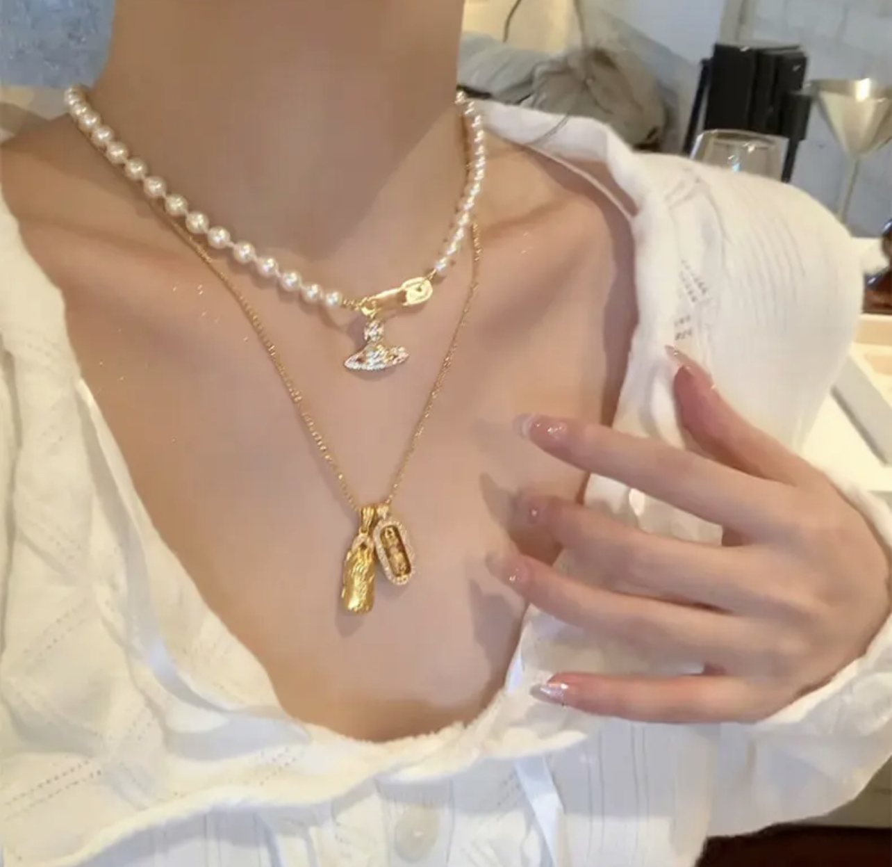 铜合金仿珍珠项链 星球回形针珠珠款项链 XW201