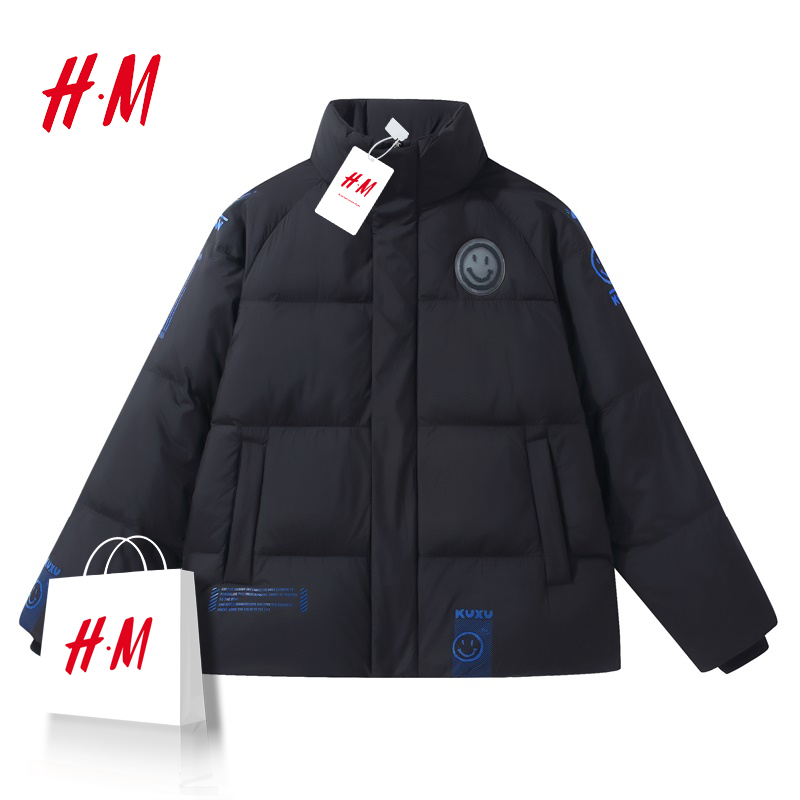 HM冬装新款羽绒服男女短款棉袄手绘笑脸白鸭绒立领保暖棉衣外套