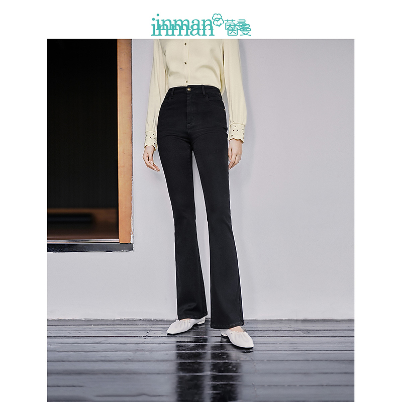 【商场同款】茵曼春秋女牛仔裤喇叭裤长裤弹力修身高腰显瘦新款百搭