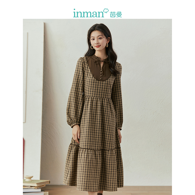 【商场同款】茵曼文艺格纹连衣裙冬季女装新款系带领长袖裙子