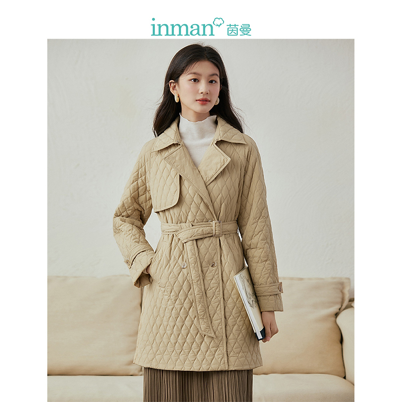 【商场同款】茵曼重工间棉风衣冬季女装新款古巴领中长厚外套