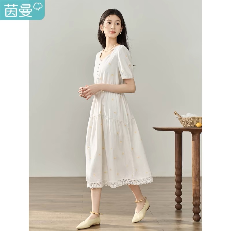 【商场同款】茵曼花边桃心领高腰连衣裙夏季女装新款短袖法式长裙