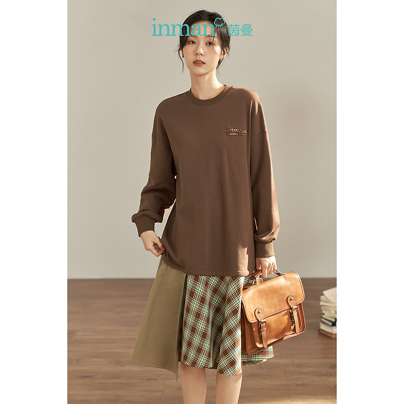 【商场同款】茵曼秋女装新款格子拼接贴布绣卫衣式连衣裙女