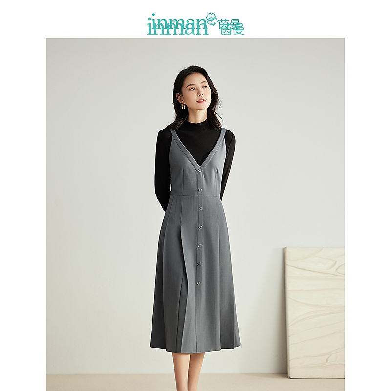 【商场同款】茵曼气质V领吊带裙2024春女装新款显瘦压褶A摆连衣裙