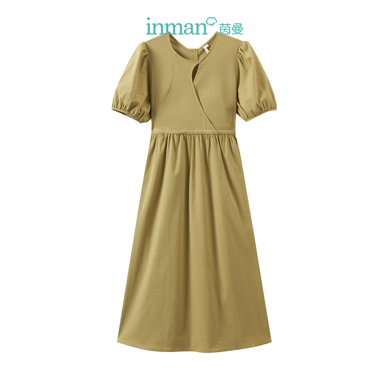 【商场同款】茵曼通勤短袖连衣裙女装新款镂空圆领绑带裙子气质长裙