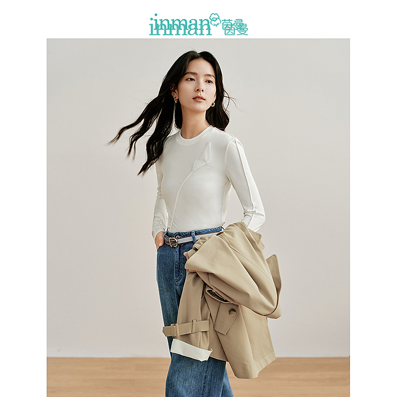 【商场同款】茵曼设计感花朵T恤2024春季女装新款圆领柔弹短上衣