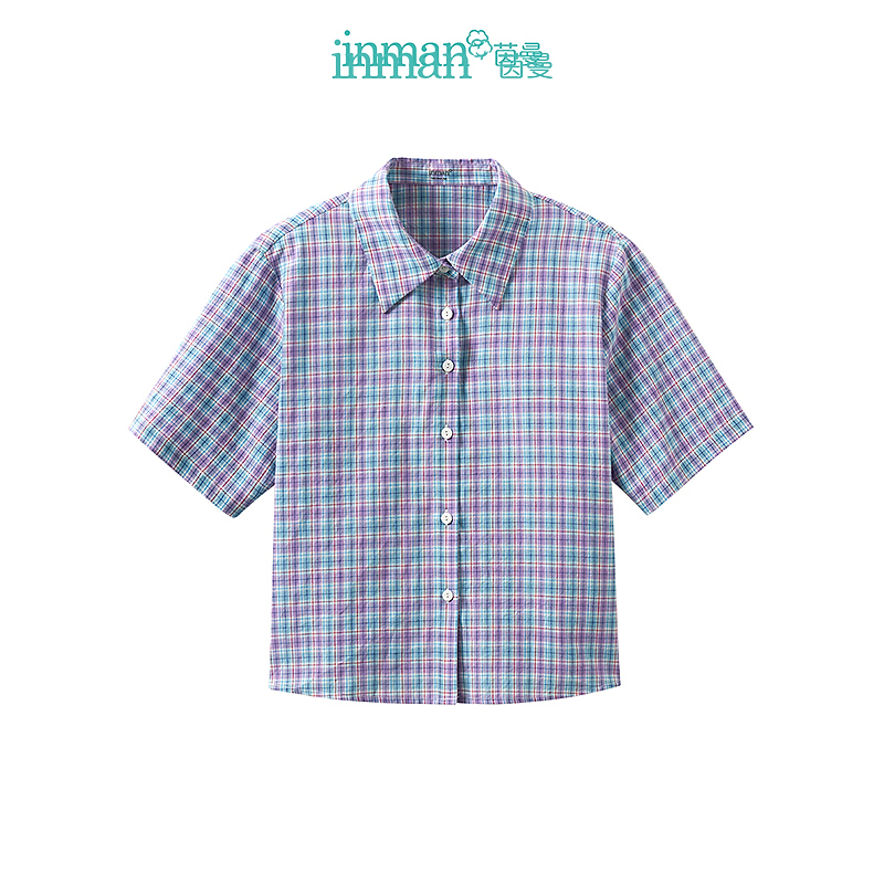 【商场同款】茵曼撞色格子亚麻衬衫2024夏季女装新款短袖宽松上衣