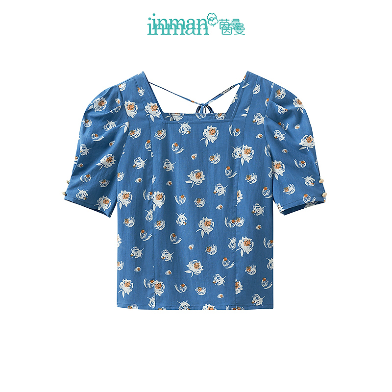 【商场同款】茵曼清新印花衬衫2024夏季女装新款方领泡泡袖上衣