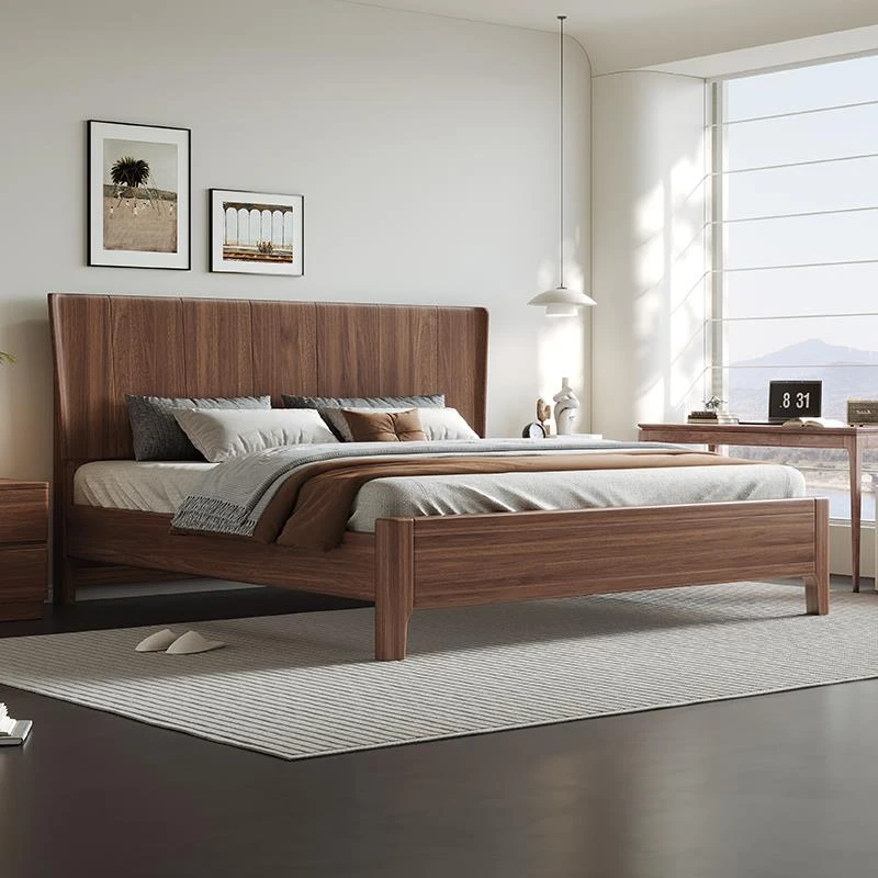北美胡桃木床全实木床主卧1.8m双人床现代简约小户型大靠背储物床