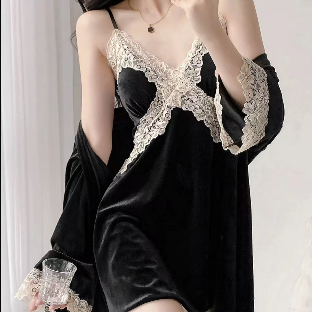 性感金丝绒天使情趣小野猫女款蕾丝睡裙大码长袖春夏法式纯欲薄款