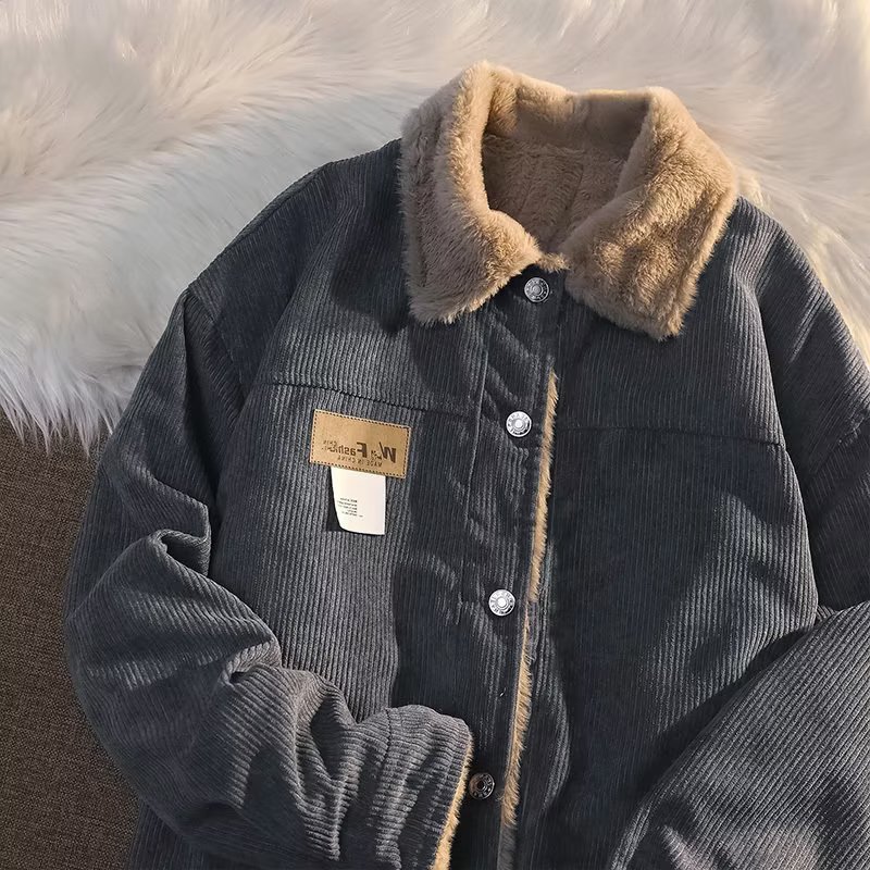 冬季加绒加厚羊羔毛棉衣男日系灯芯绒棉服宽松潮牌外套潮男秋2023