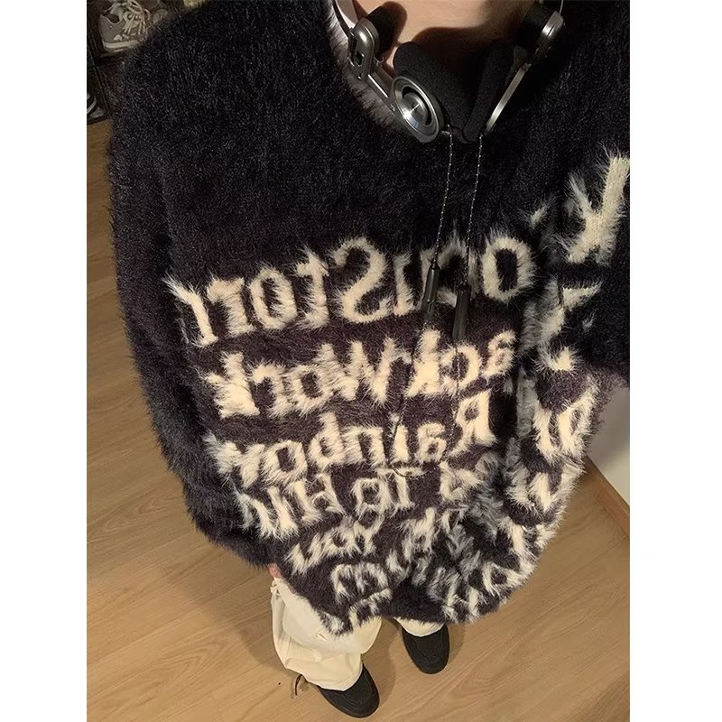 秋冬新款仿貂绒潮牌毛衣男宽松直筒针织衫打底外套慵懒风时尚百搭