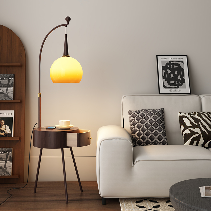 中古客厅落地灯法式复古沙发旁边几置物摆件一体茶几钓鱼灯柚子灯