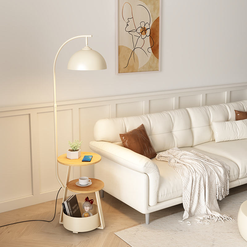 奶油风客厅沙发角落地灯卧室床头柜一体台灯无线充电边几中古立式
