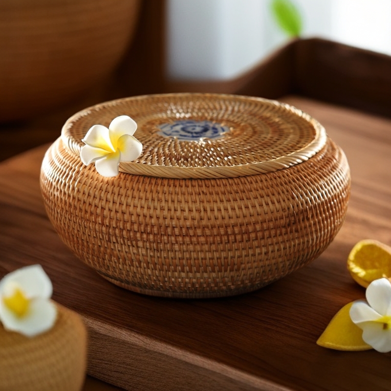 手工藤编桌面收纳盒零食盒创意化妆品盒圆形日式茶叶罐带盖杂物篮