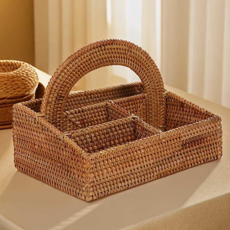 藤编化妆品首饰收纳盒桌面遥控器杂物盒文具筐毛笔桶零食盒手工编