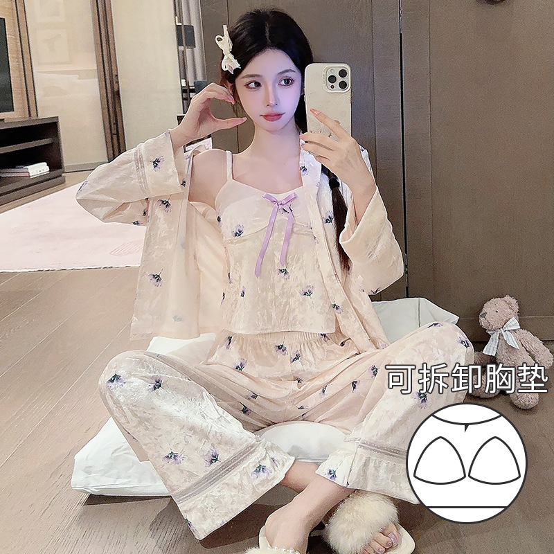 【邻家女孩】秋冬款金丝绒小花印花休闲舒适三件套家居服套装睡衣女