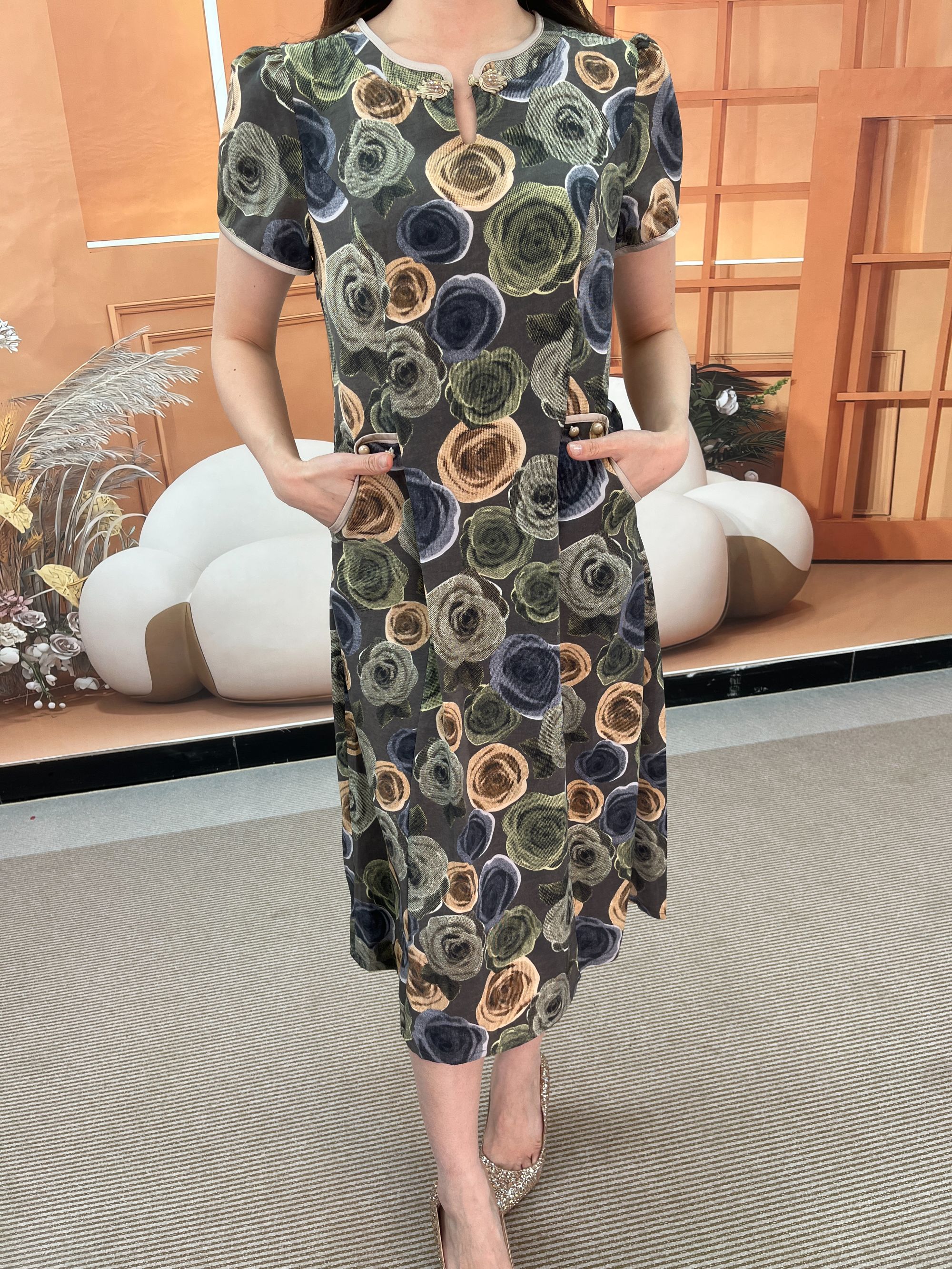 B5Q-1983大码开叉国风中长款时尚宽松连衣裙显瘦气质