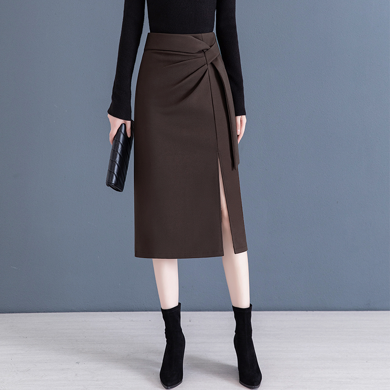 气质显瘦秋冬季中长款半身裙纯色时尚百搭垂感开叉高腰黑色包臀裙