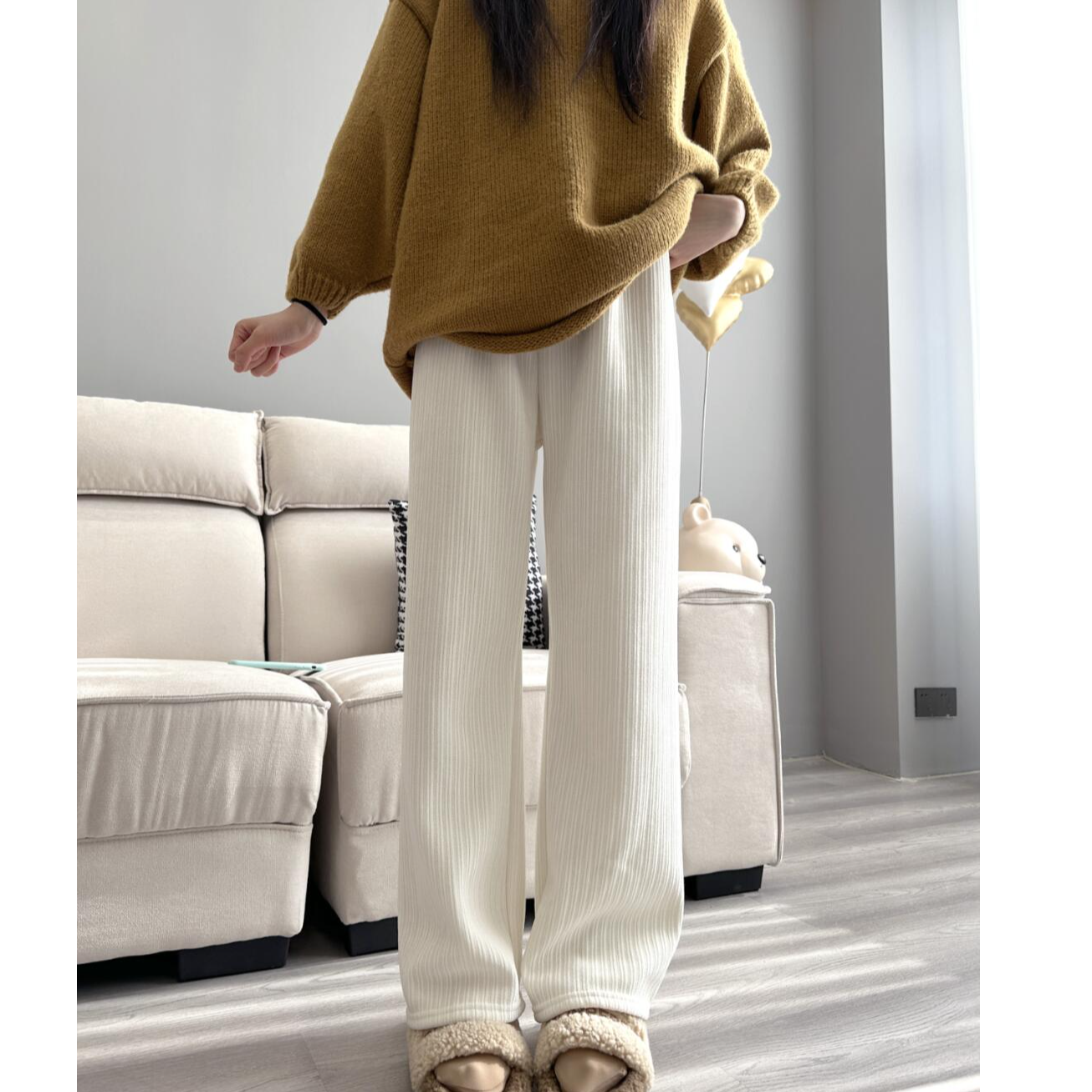 编码【1001-1010】新款秋冬款加绒厚雪尼尔阔腿裤显瘦直筒高腰时尚