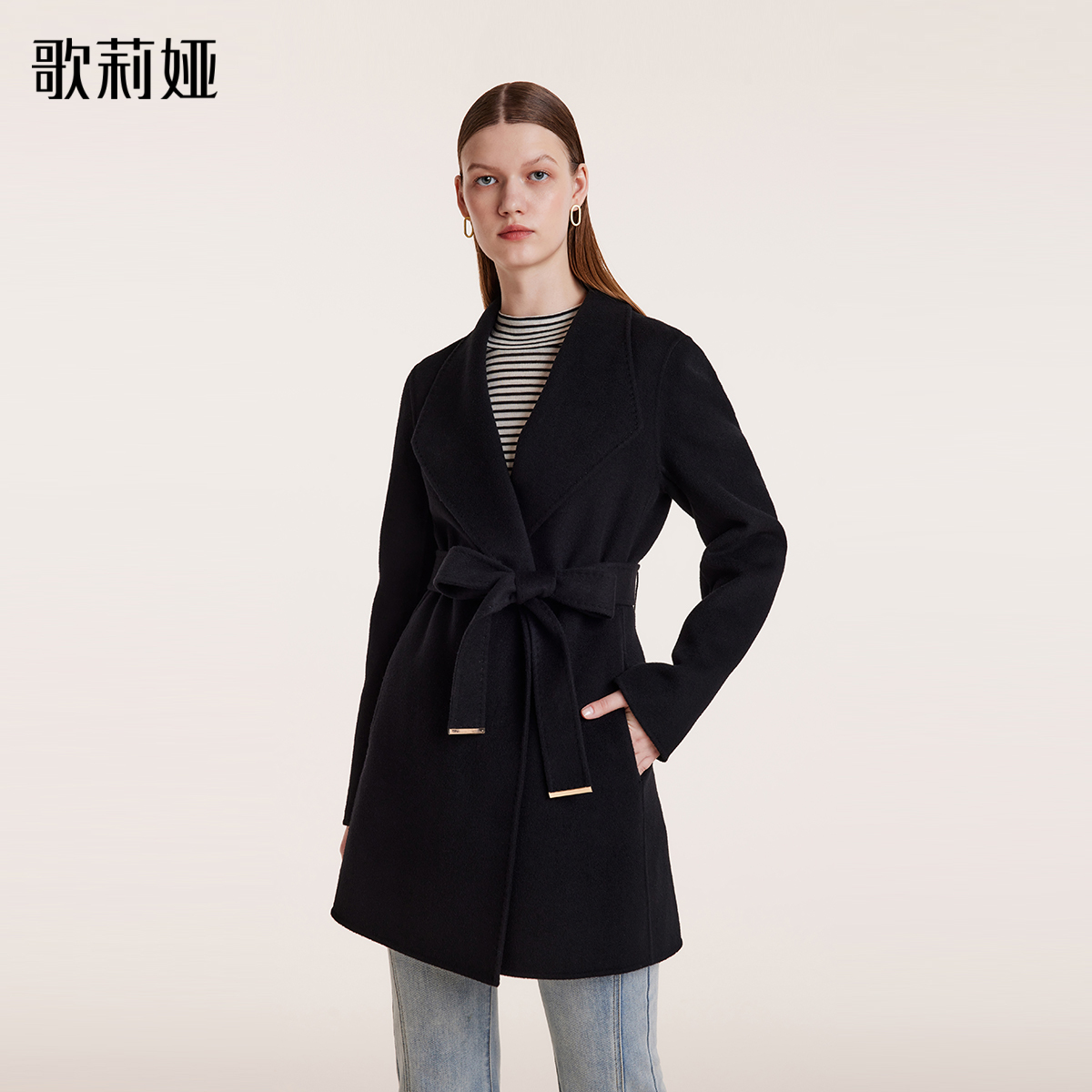 歌莉娅冬气质黑色一手长天丝羊毛翻领大衣(配本布腰带)1B9C6E890