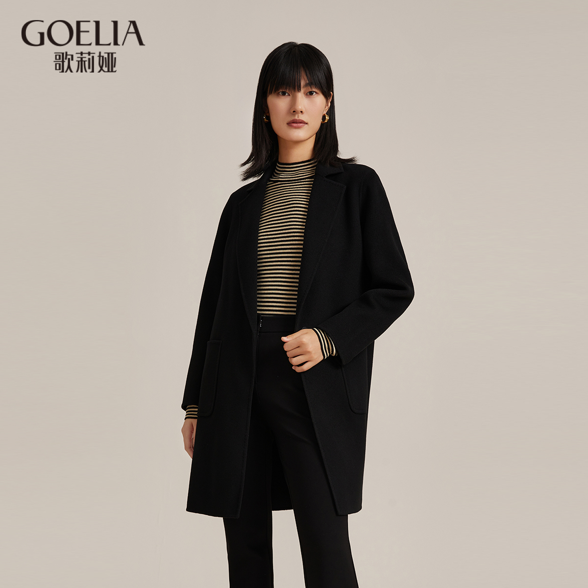 歌莉娅冬季全绵羊毛中长双面呢大衣11CC6N600中长款复古