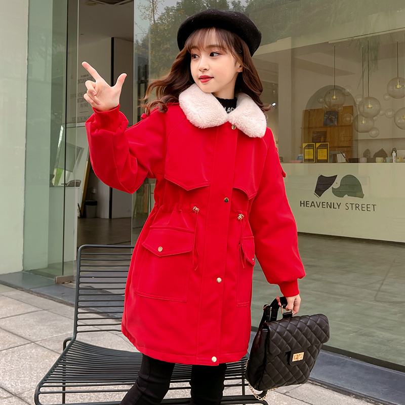 女童冬款外套2023中大童洋气加绒加厚收腰皮衣儿童年服冬季派克服