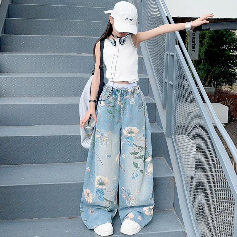 女童夏季套装儿童纯色背心印花牛仔阔腿裤2024新款洋气女孩中大童