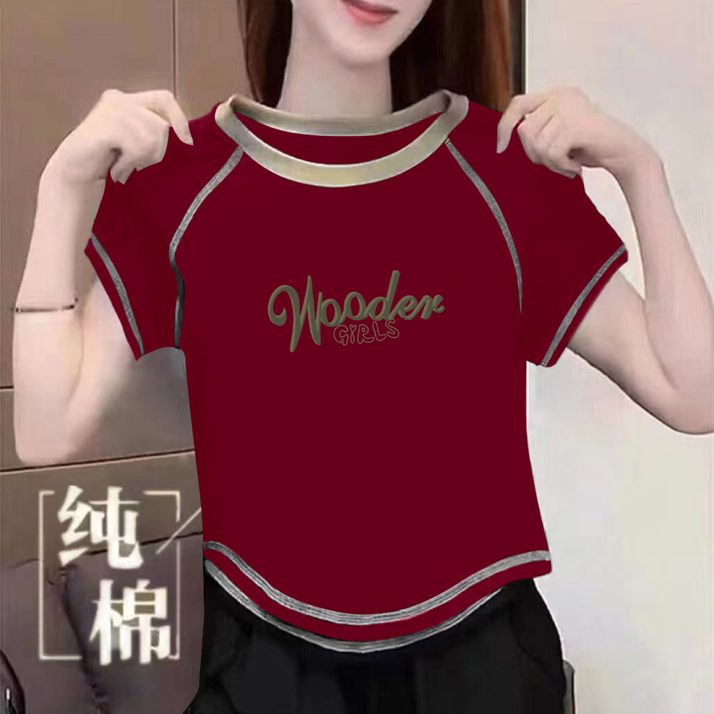 100%纯棉夏季新款百搭女短袖t恤拼接短款设计感洋气时尚休闲上衣